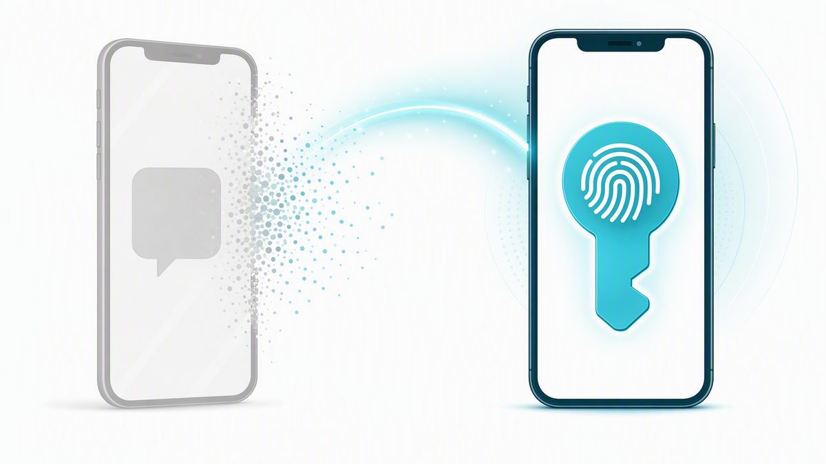 A text message code dissolving as a fingerprint-based passkey takes its place